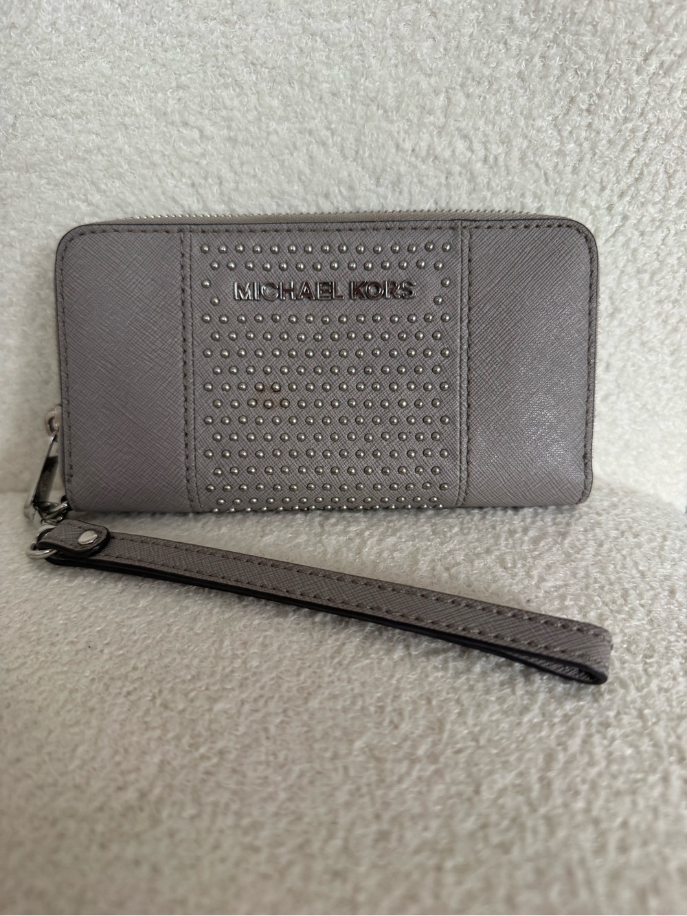 Michael Kors Silver-Gray Studded Zip Wristlet